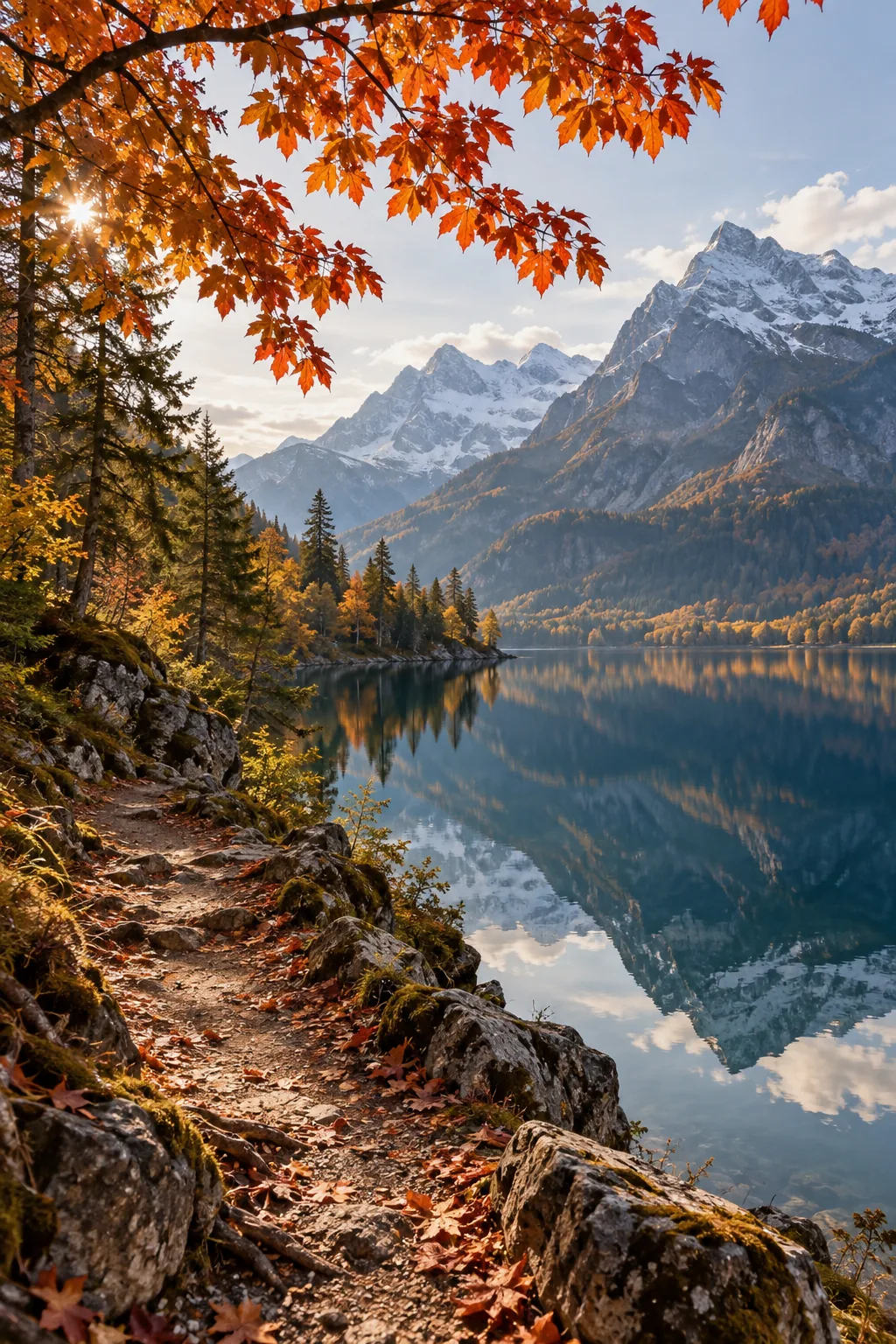 紅葉の枝と山の湖に沿う小道