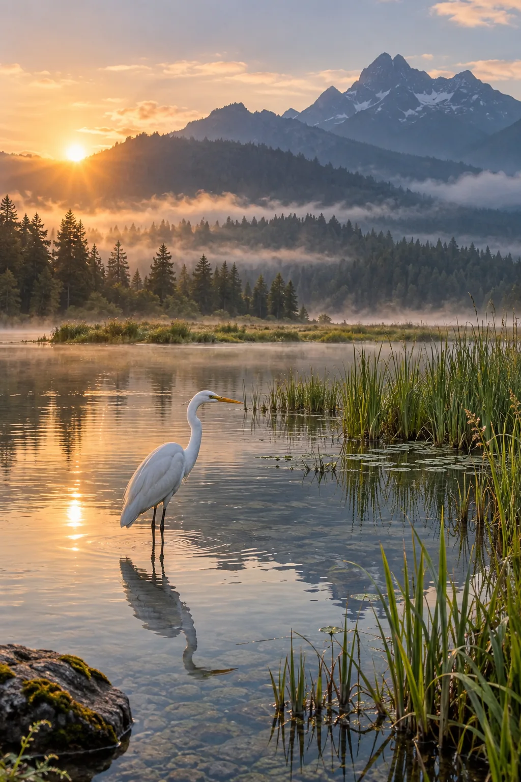 A white egret in a mountain wetland at dawn