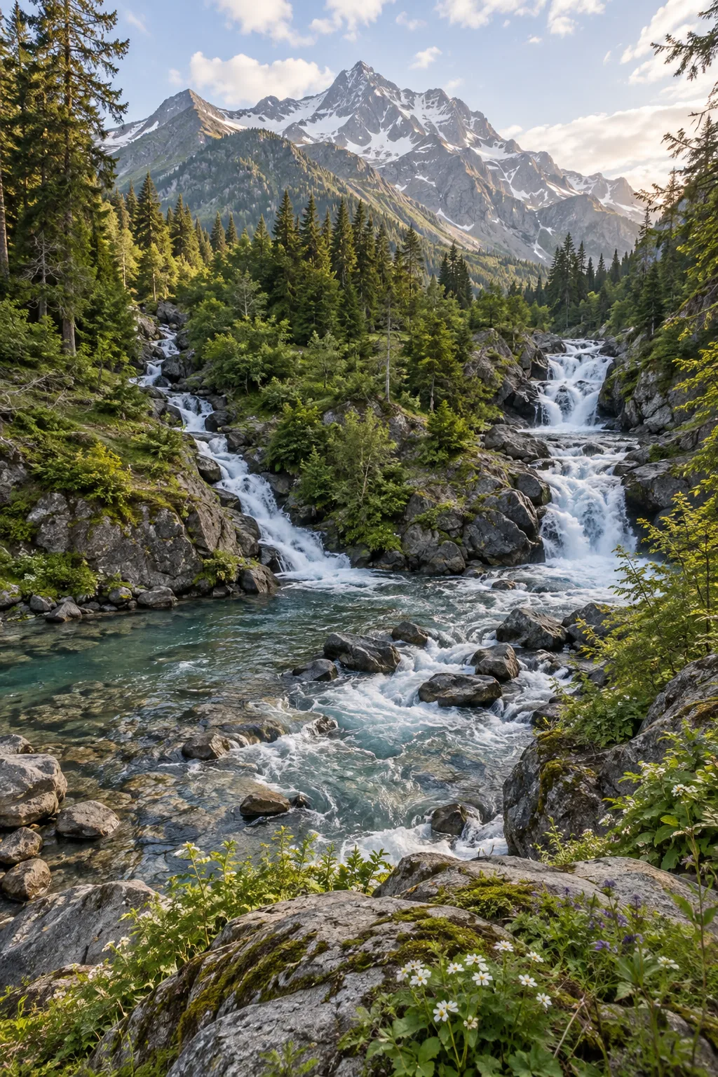 山の谷で合流する二つの渓流