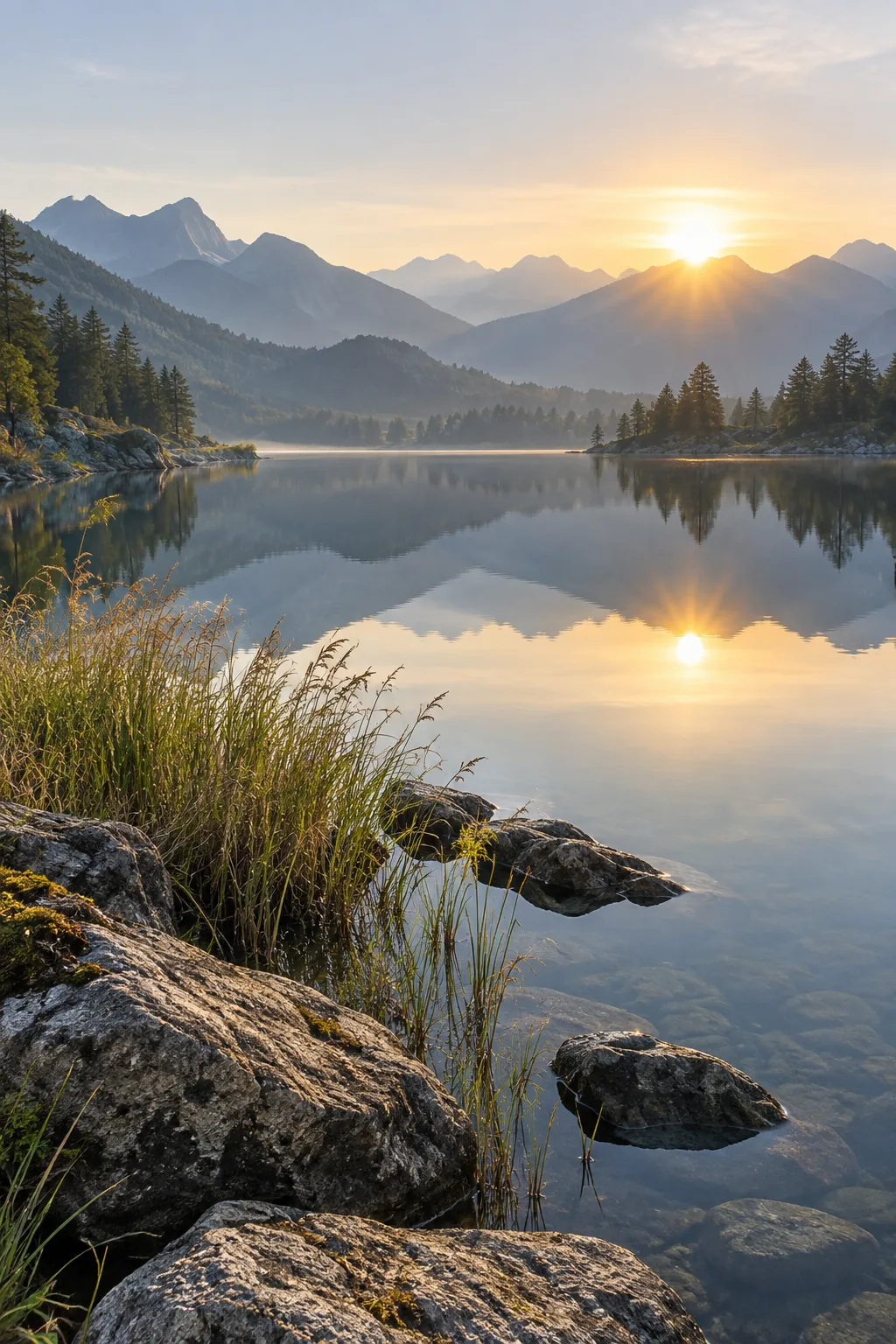 Sunrise reflected in a mountain lake