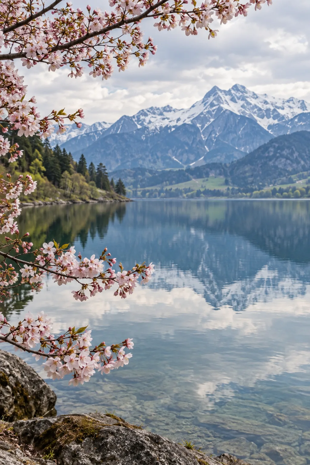 Spring blossoms framing a lake and distant mountains