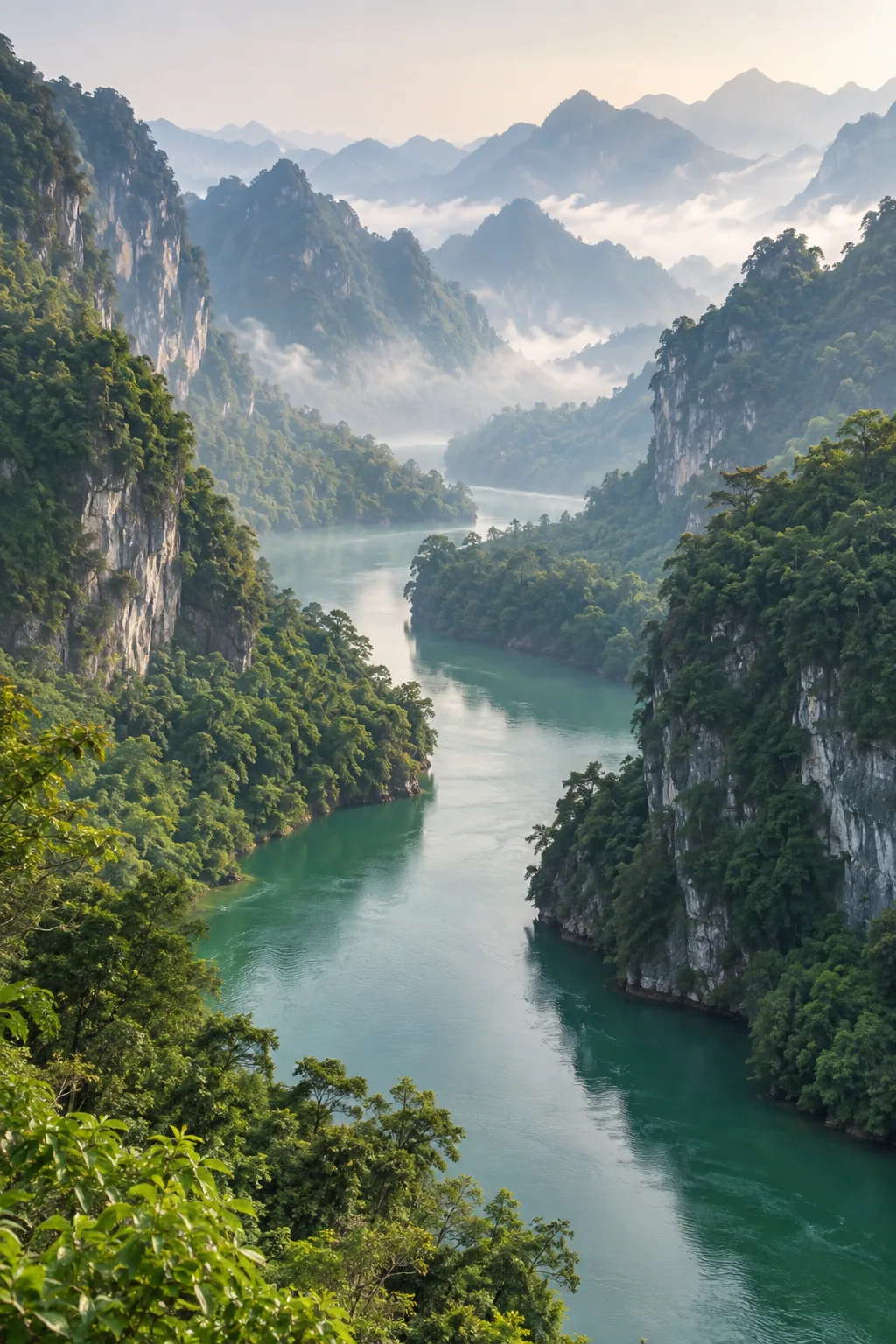 An emerald river winding between misty forested mountains
