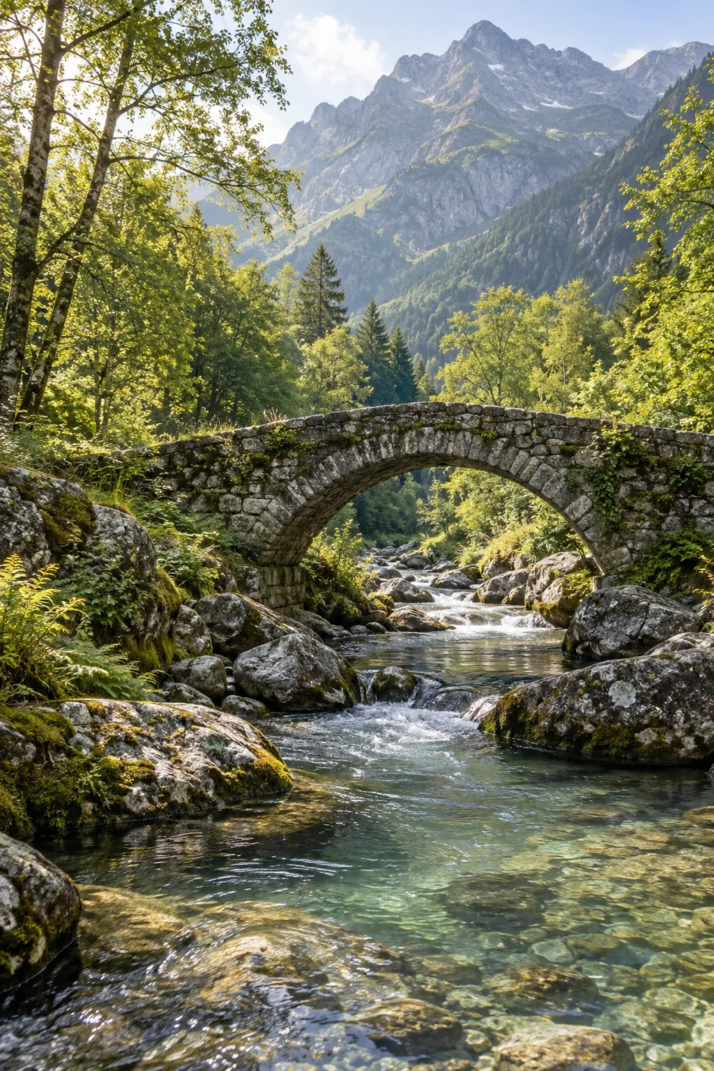 A stone bridge spanning a clear mountain stream