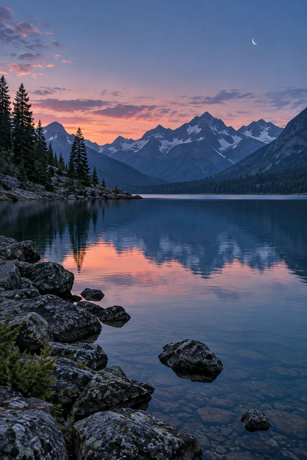 A crescent moon above a mountain lake at dusk