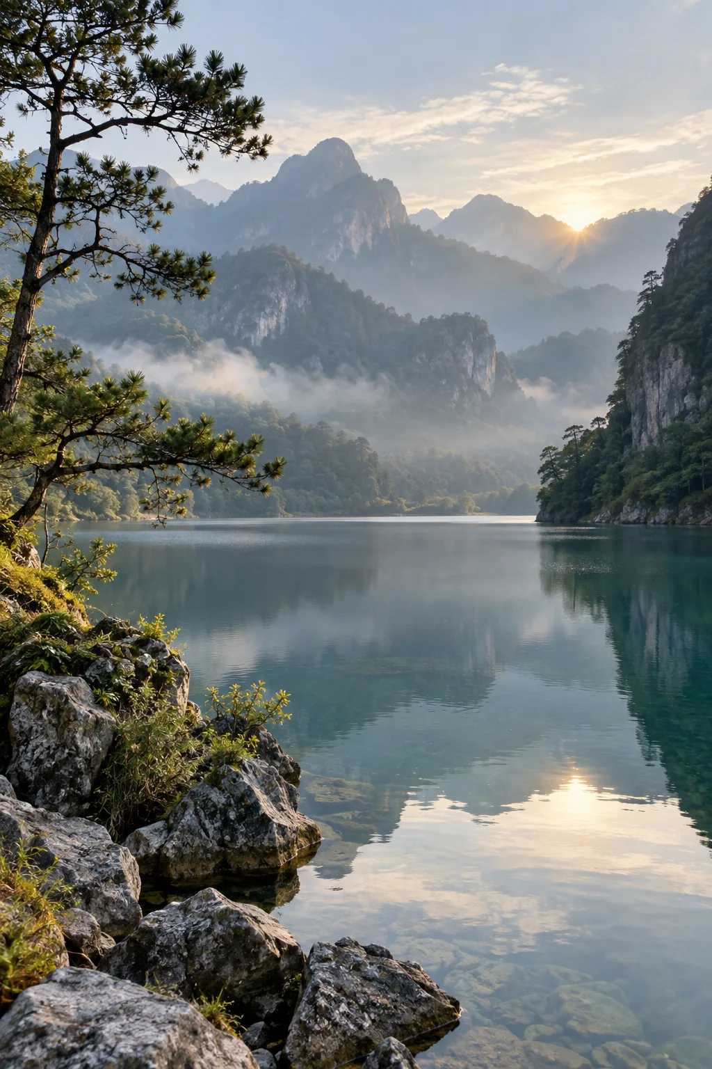 朝霧の山々と静かな湖の風景