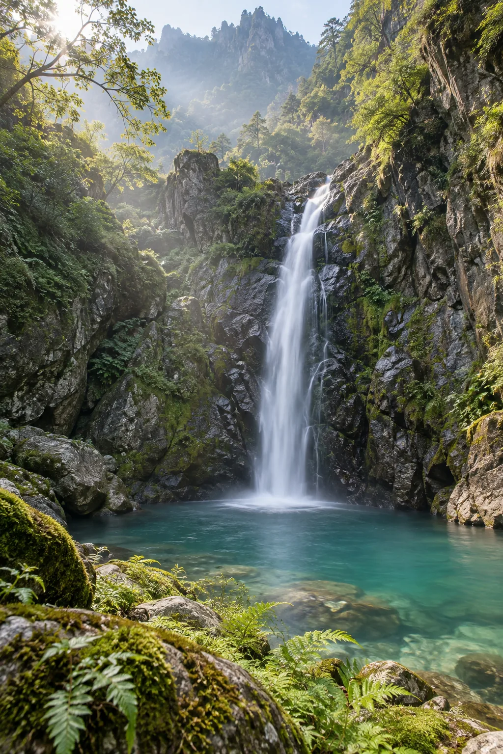 A mountain waterfall descending into a turquoise pool