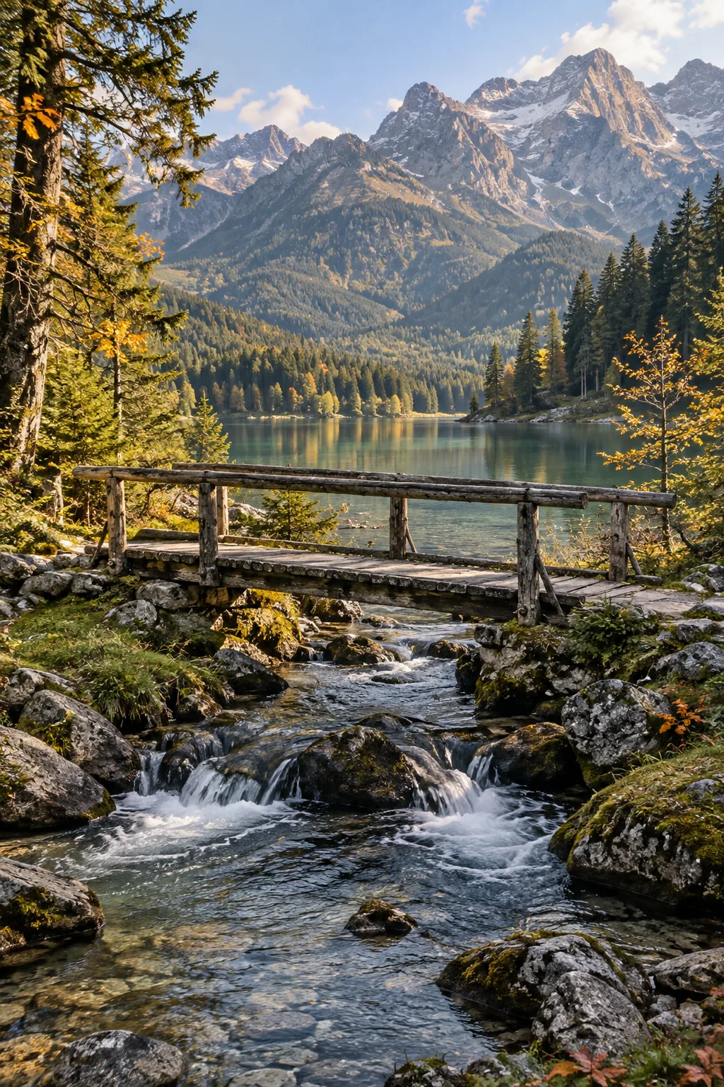 A weathered timber footbridge over a stream beneath forested mountains