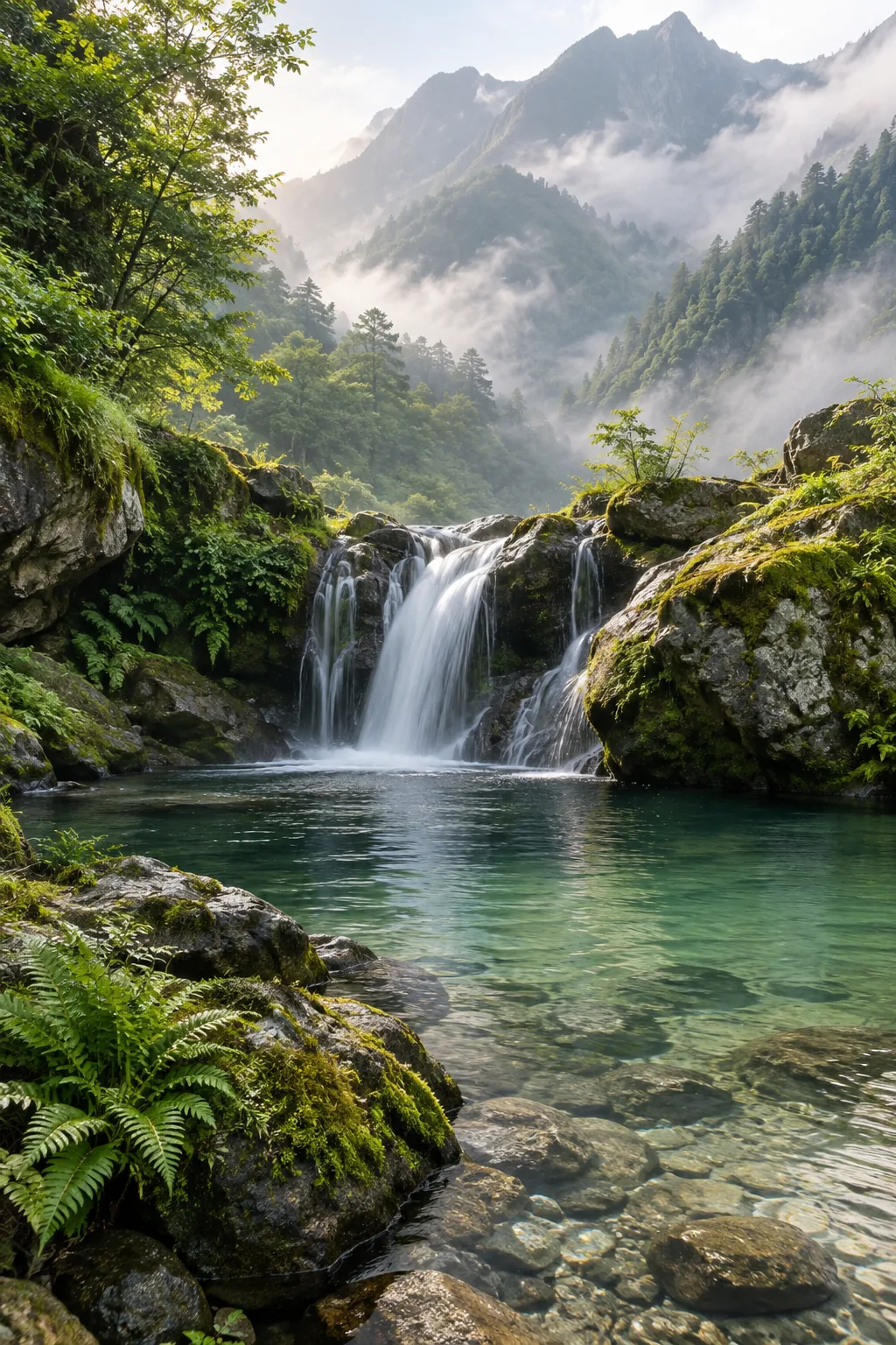 細瀑流入淺綠色山潭，四周蕨草青翠