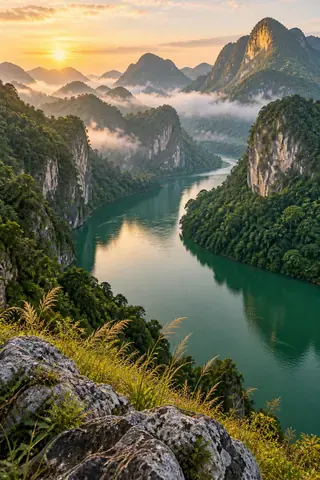 A winding emerald river between misty forested karst mountains at sunrise