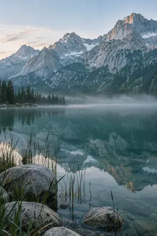 A still mountain lake with pale shore stones and silver dawn mist