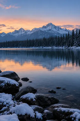 Snow edged lake stones and pine covered mountains at winter blue hour