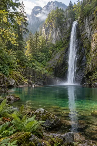 A tall waterfall descending into a clear green pool in a misty forested gorge