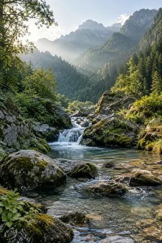 A clear mountain stream winding past mossy stones and a small cascade