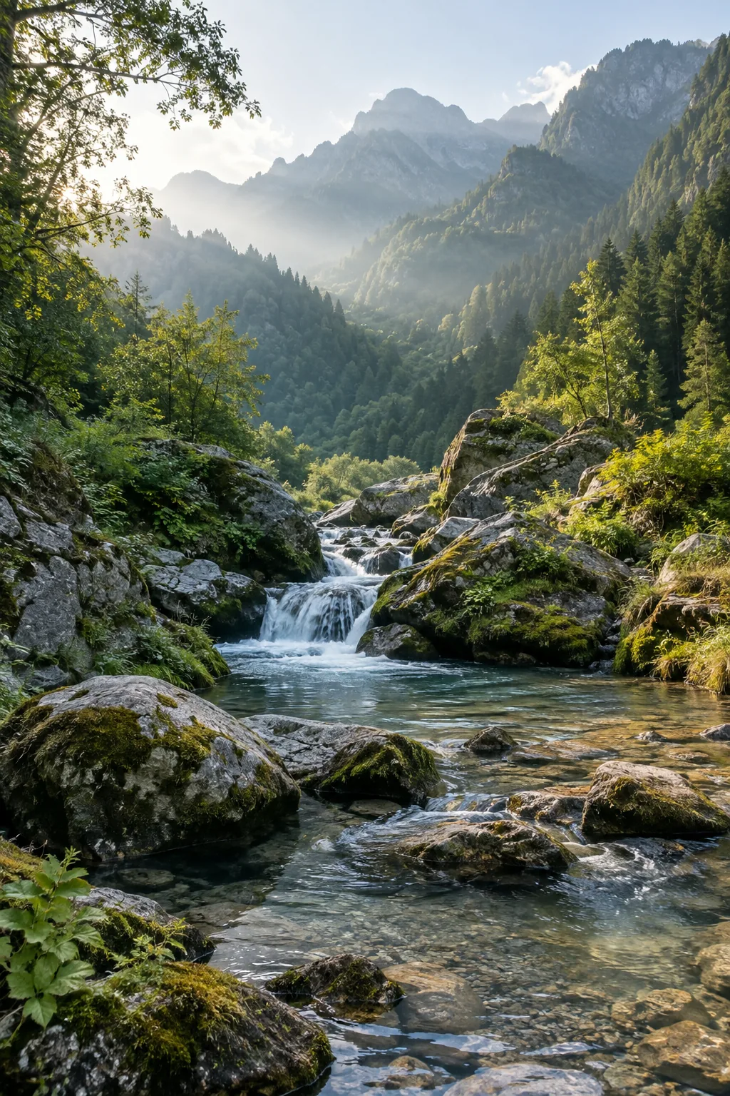 A clear mountain stream winding past mossy stones and a small cascade