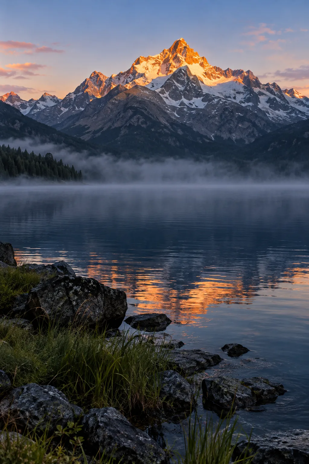 Sunrise lighting a mountain summit above an indigo lake with drifting mist