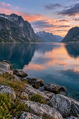 A calm blue fjord beneath granite mountains with pale shore stones at dusk