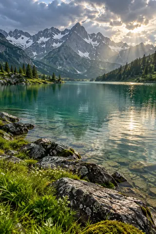 Sunlight breaking through rain clouds above a green alpine lake and snowy peaks