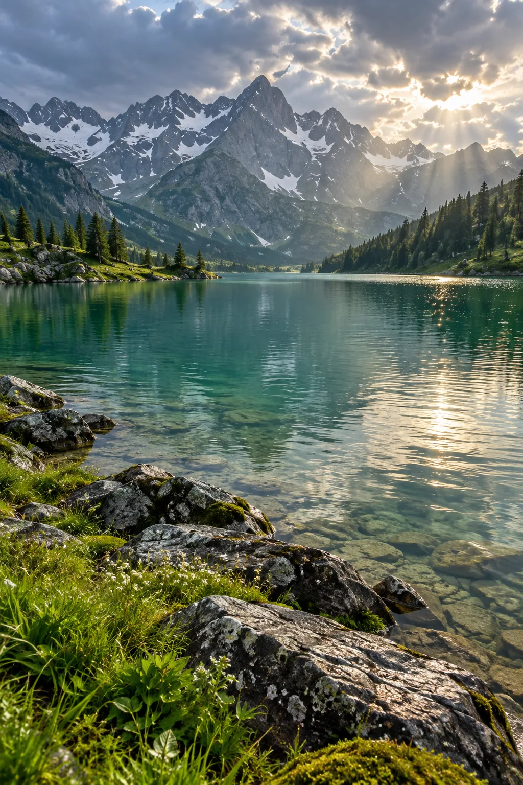 Sunlight breaking through rain clouds above a green alpine lake and snowy peaks