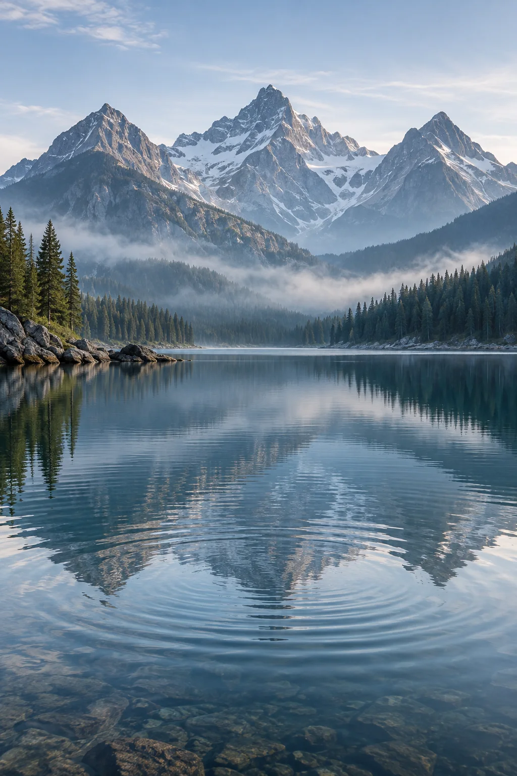 Concentric ripples crossing a clear mountain lake beneath layered peaks