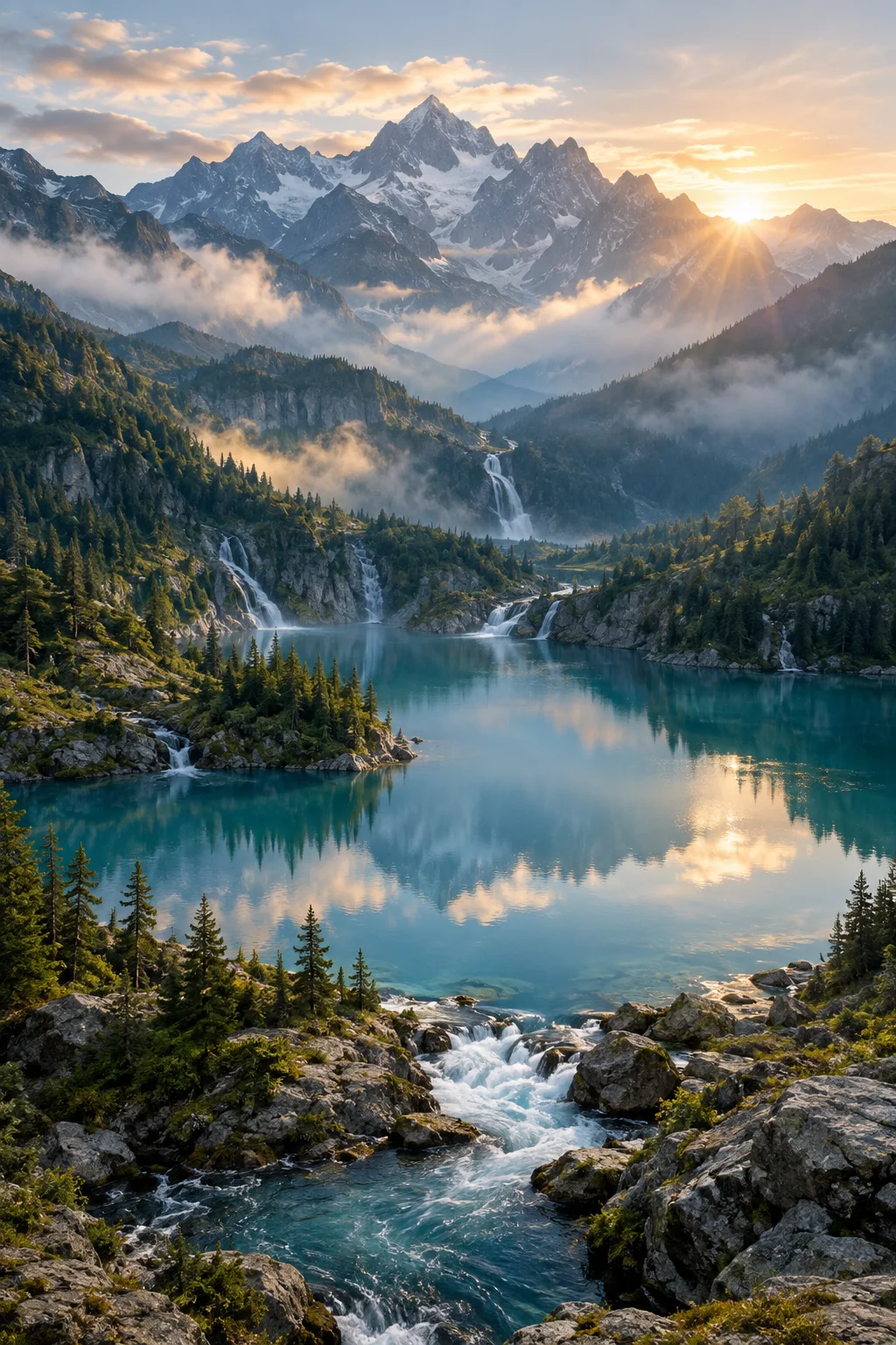 Mountain streams converging into a turquoise alpine lake at sunrise