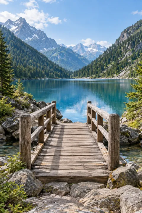 A weathered timber footbridge leading toward a blue lake between mountain ridges
