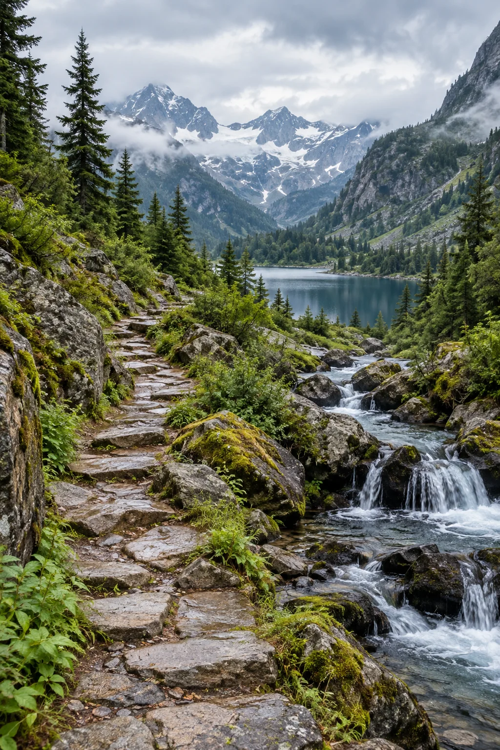 A stone path beside a mountain stream descending toward a lake beneath misty peaks