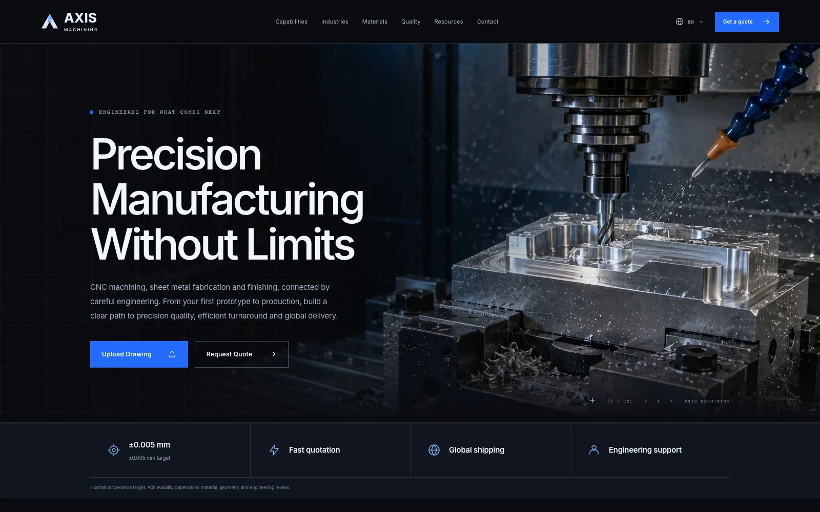 AXIS MACHINING website homepage preview