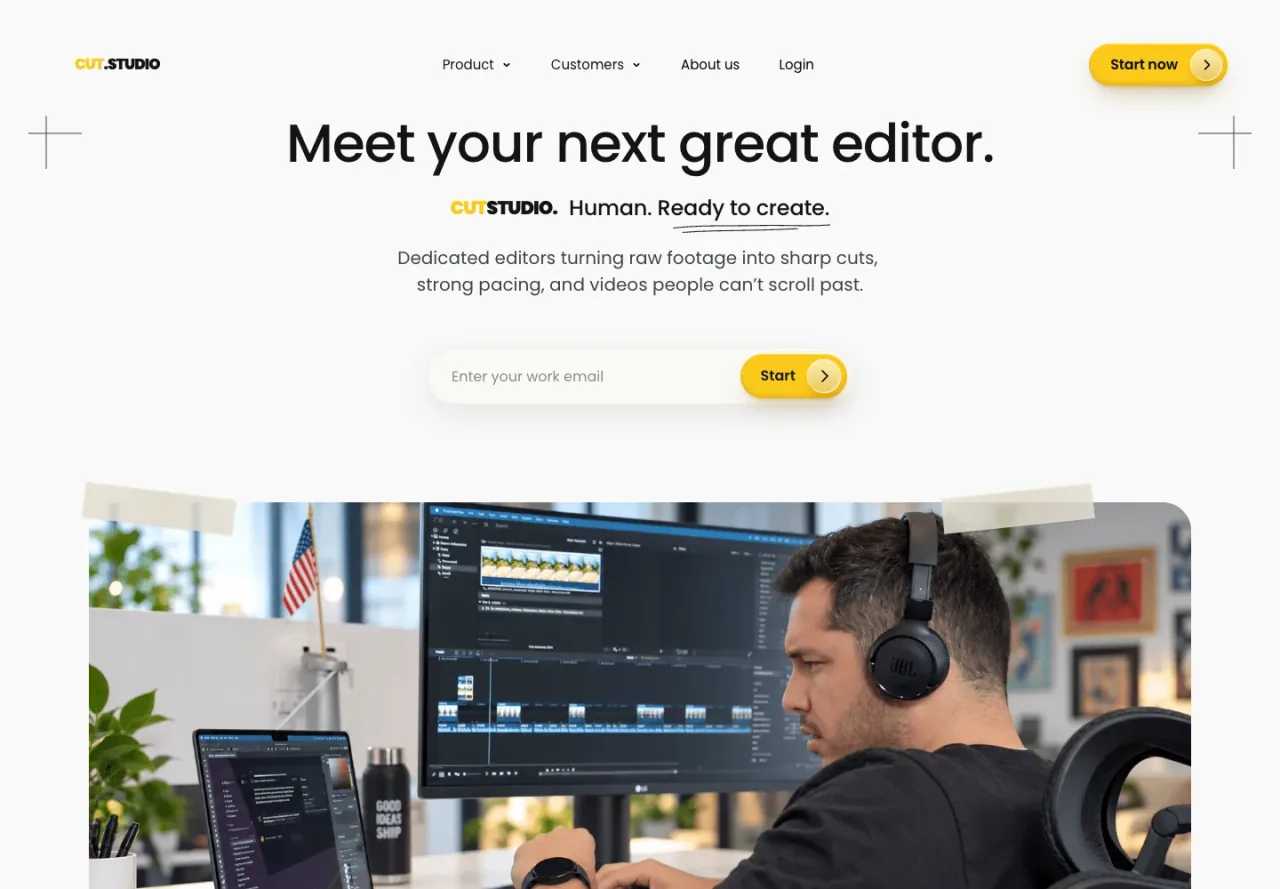 CUT.STUDIO interface study with a yellow Start button and editing-studio hero image