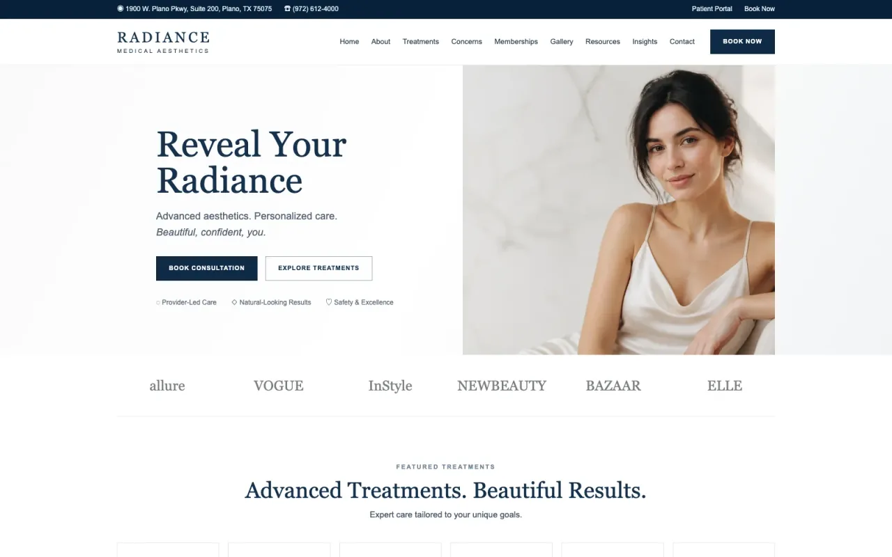 Radiance Medical Aesthetics website screenshot