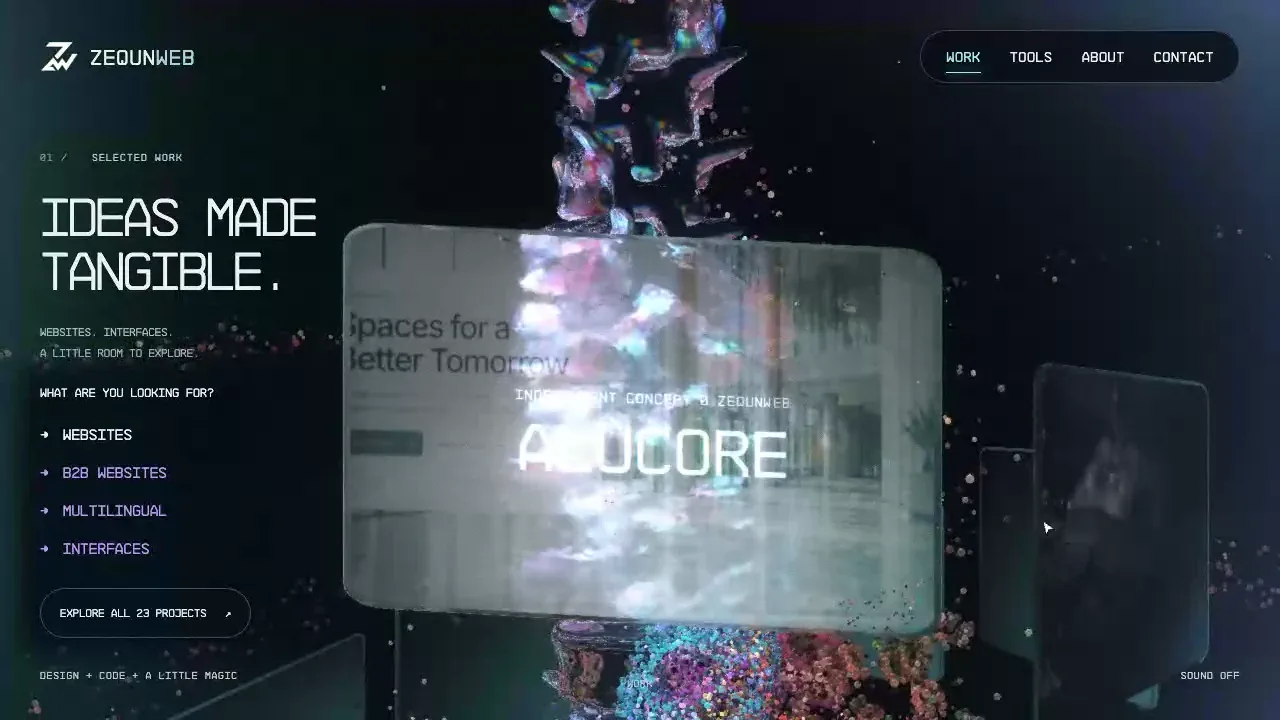 ZequnWeb immersive portfolio with floating project cards and an iridescent 3D particle scene