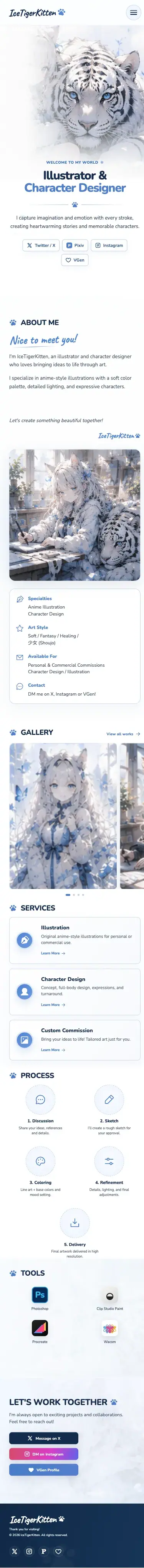 IceTigerKitten Illustrator Portfolio · 手機版 · 截圖日期 2026-10-22
